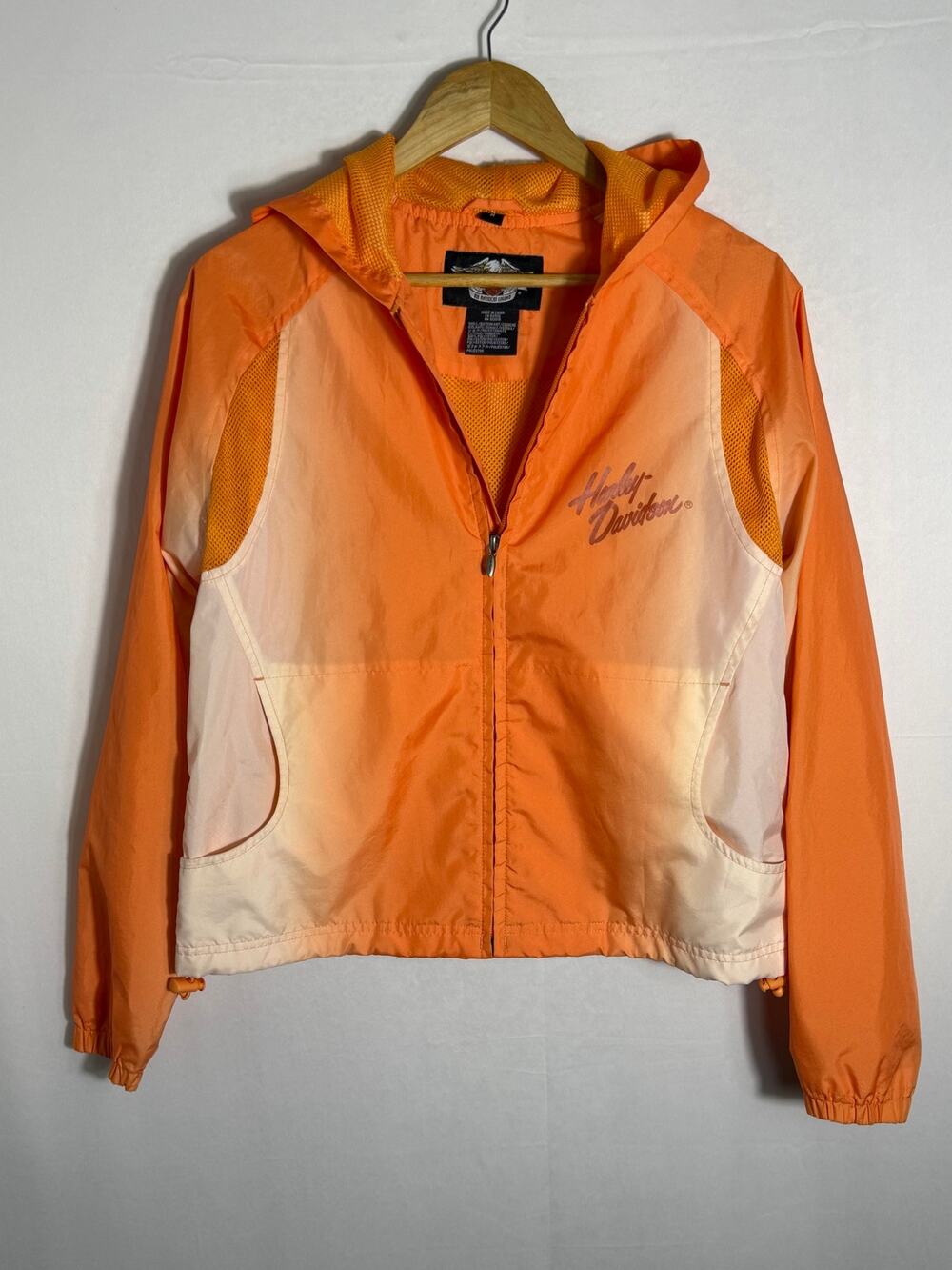 Vintage 2007 Harley Davidson Womens Windbreaker Jacket M Orange Cream Hooded